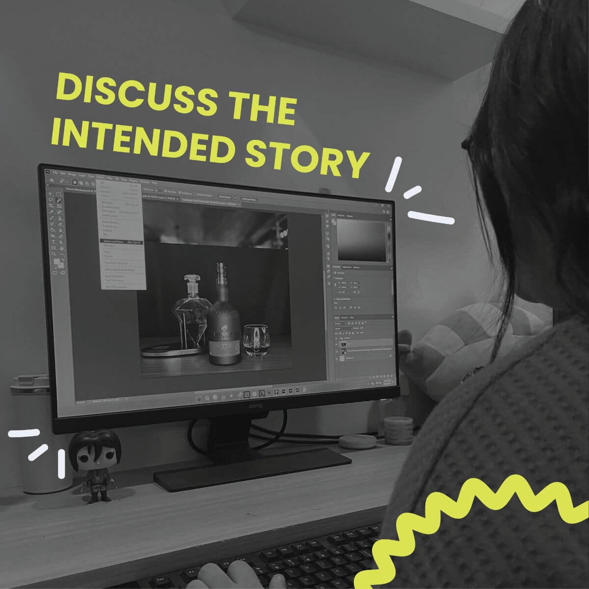 Person editing visual content on a desktop computer with the text “Discuss the Intended Story,” representing content creation and social media storytelling strategy.