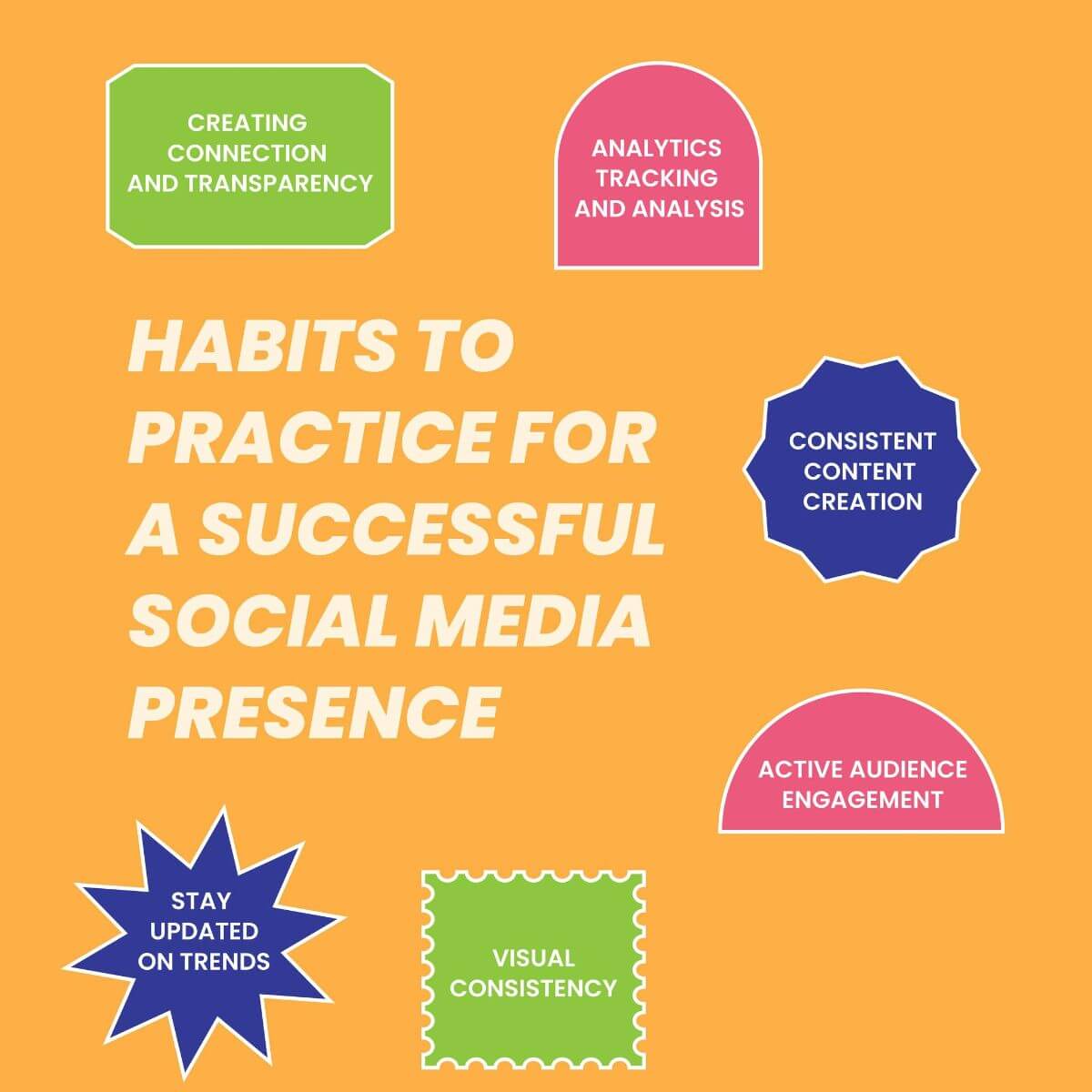 Infographic showing key habits for a successful social media presence, including content creation, audience engagement, analytics tracking, visual consistency, and staying updated on trends.