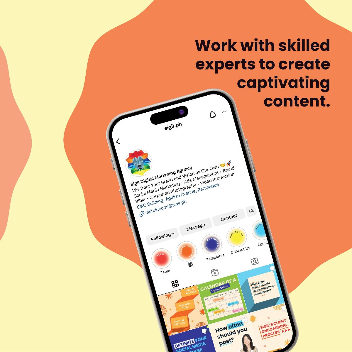 Smartphone displaying a social media app interface beside the text “Work with skilled experts to create captivating content.”
