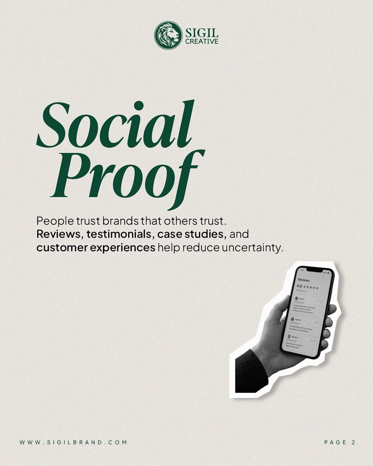 Sigil Creative graphic about social proof, explaining that reviews, testimonials, case studies, and customer experiences help build brand trust