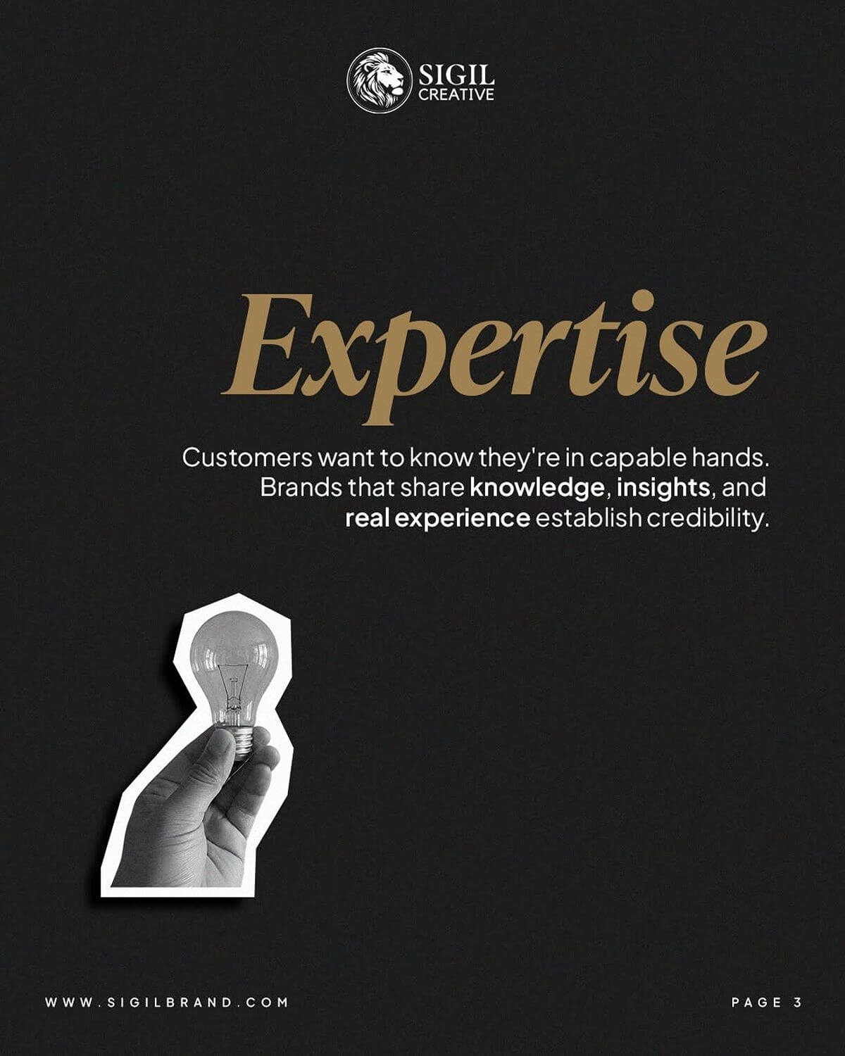 Sigil Creative graphic about expertise, showing a hand holding a light bulb to represent knowledge, insights, and real experience