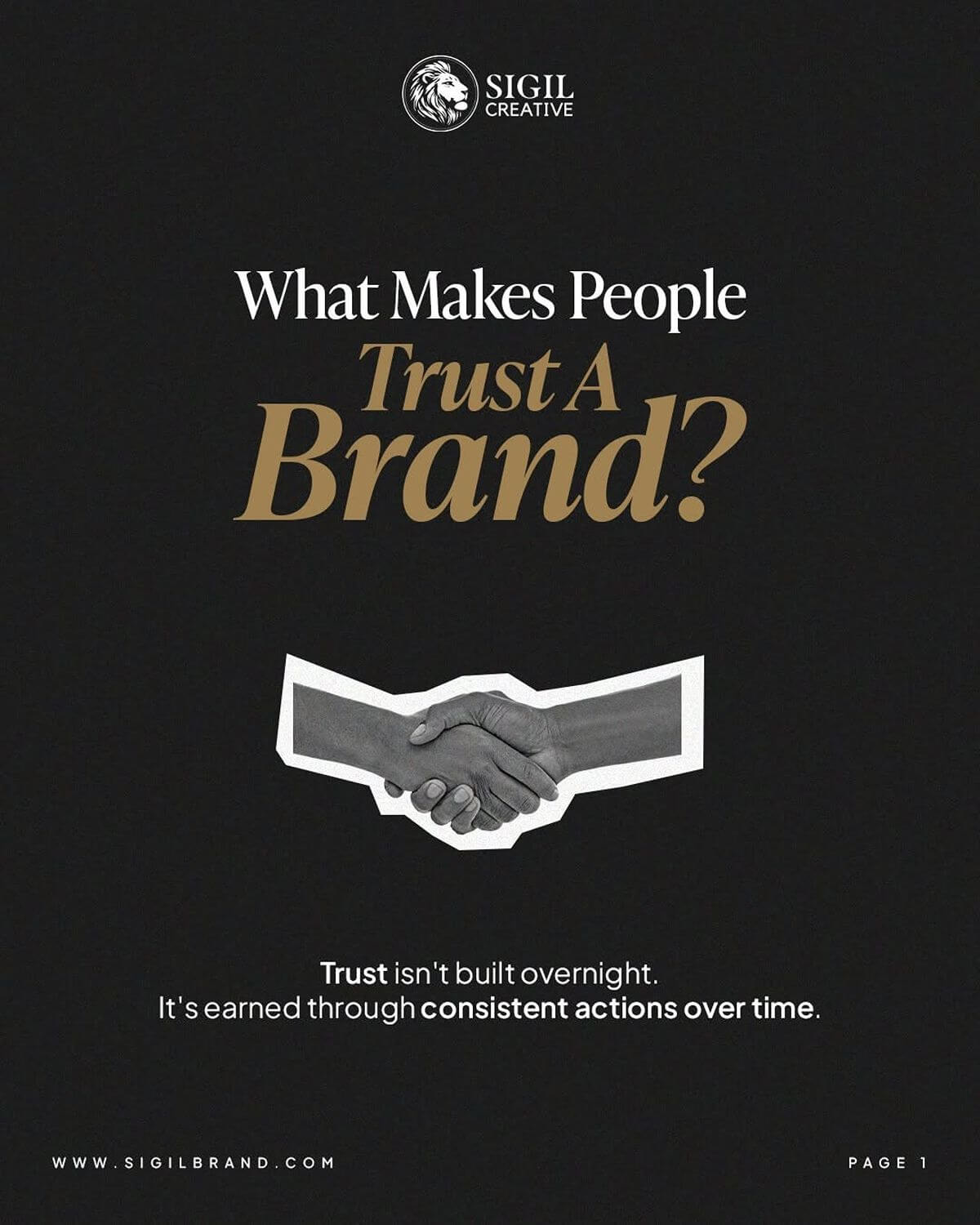 Sigil Creative graphic asking what makes people trust a brand, with a handshake symbol representing credibility and consistency
