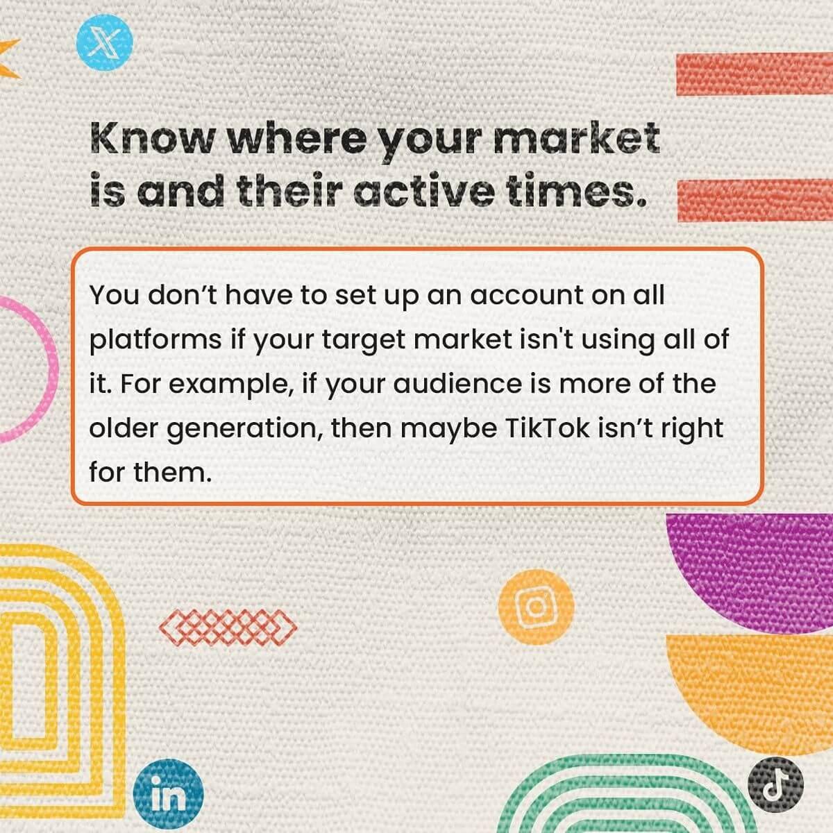 Social media marketing graphic advising brands to identify where their target market is active and choose the most relevant platforms