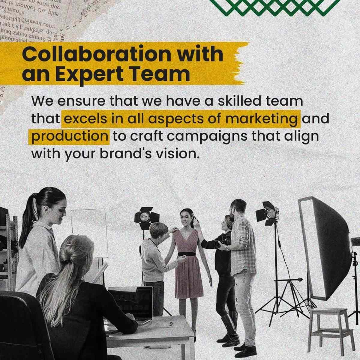 Creative production team collaborating during a studio photoshoot to develop marketing campaigns aligned with a brand’s vision