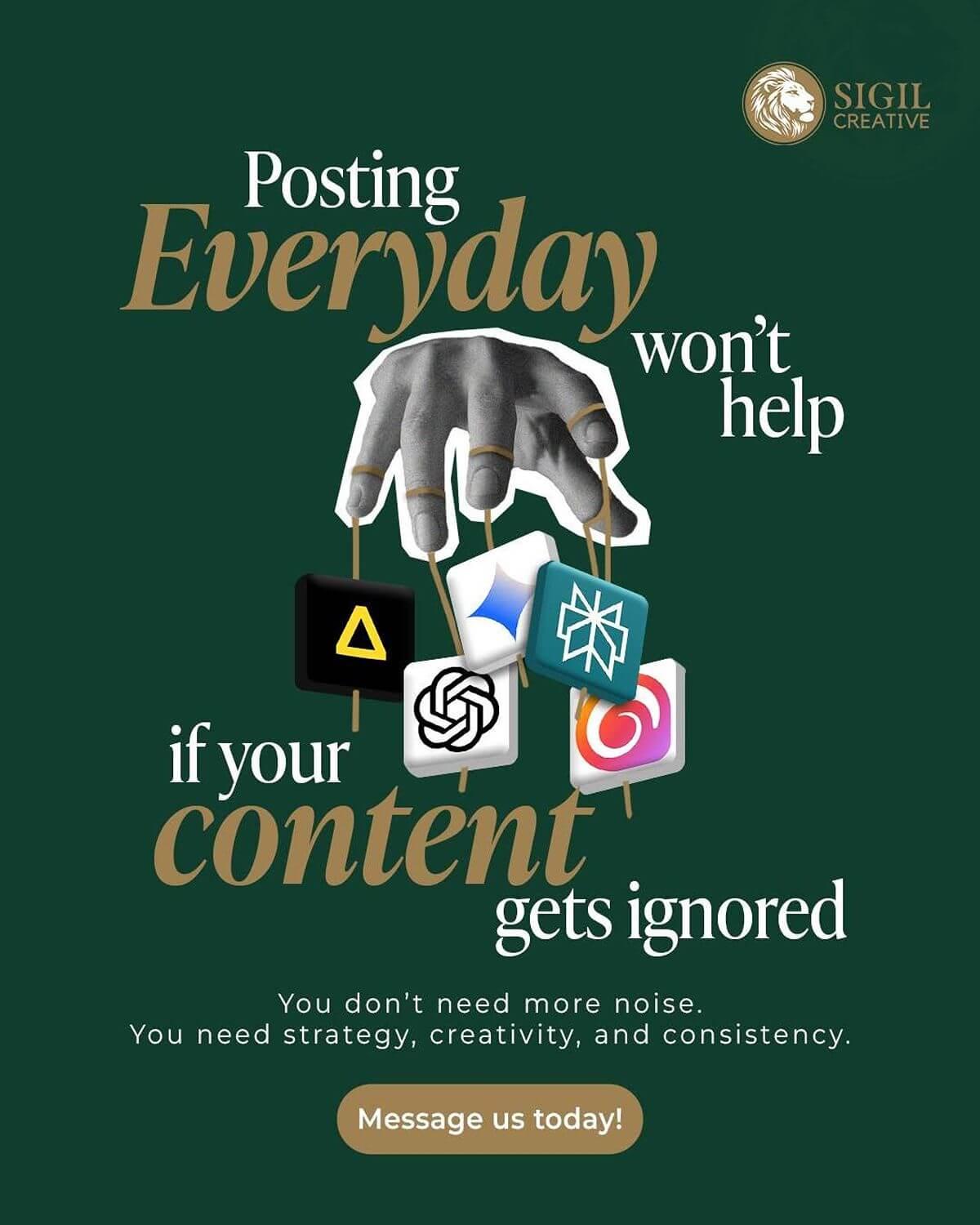 graphic showing AI platform icons controlled by a hand with the message that frequent posting will not help if content is ignored