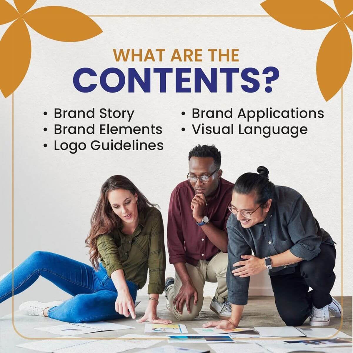 Three professionals reviewing brand content materials with a graphic outlining brand story, logo guidelines, applications, and visual language