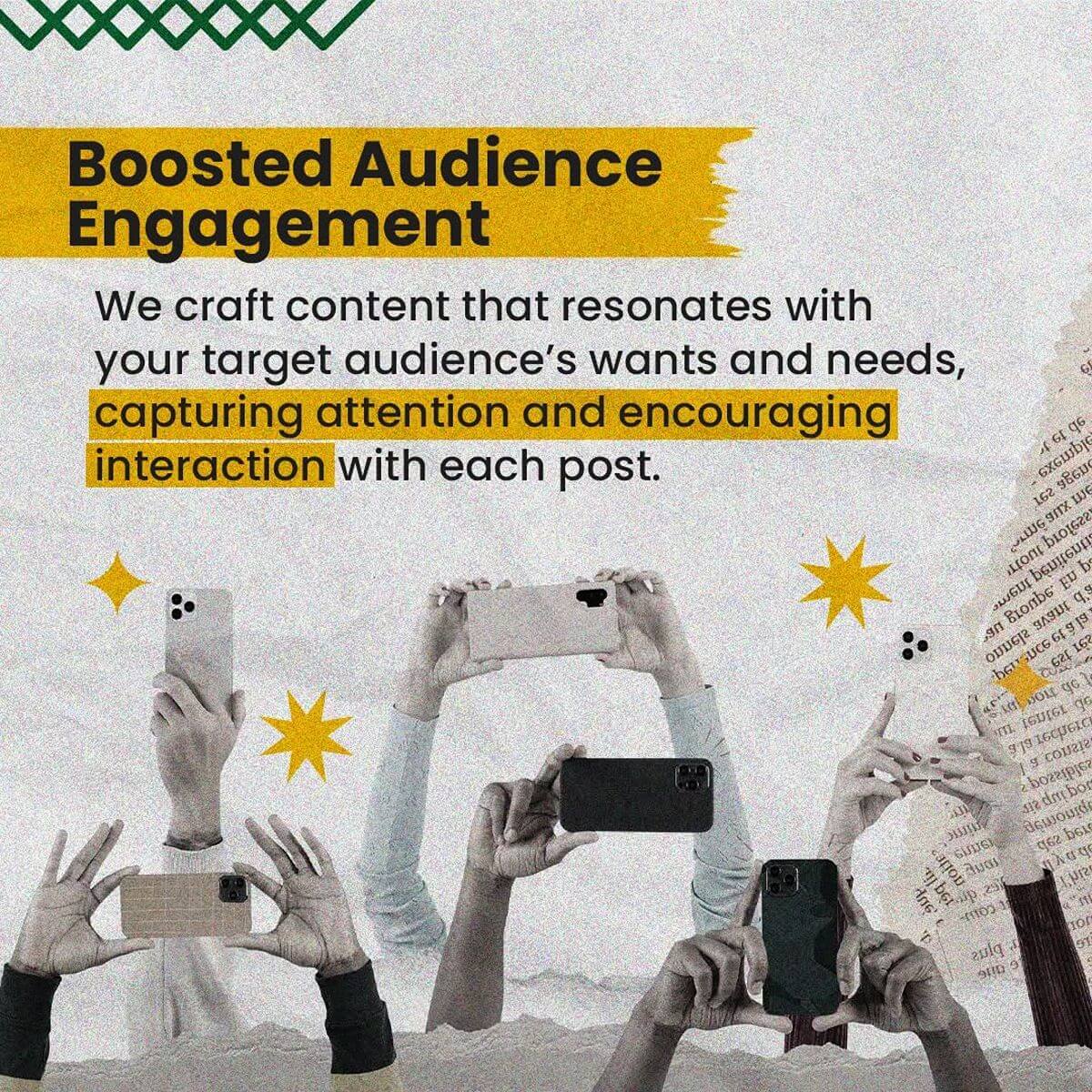 Social media graphic showing multiple people using smartphones with messaging about creating content that encourages audience interaction