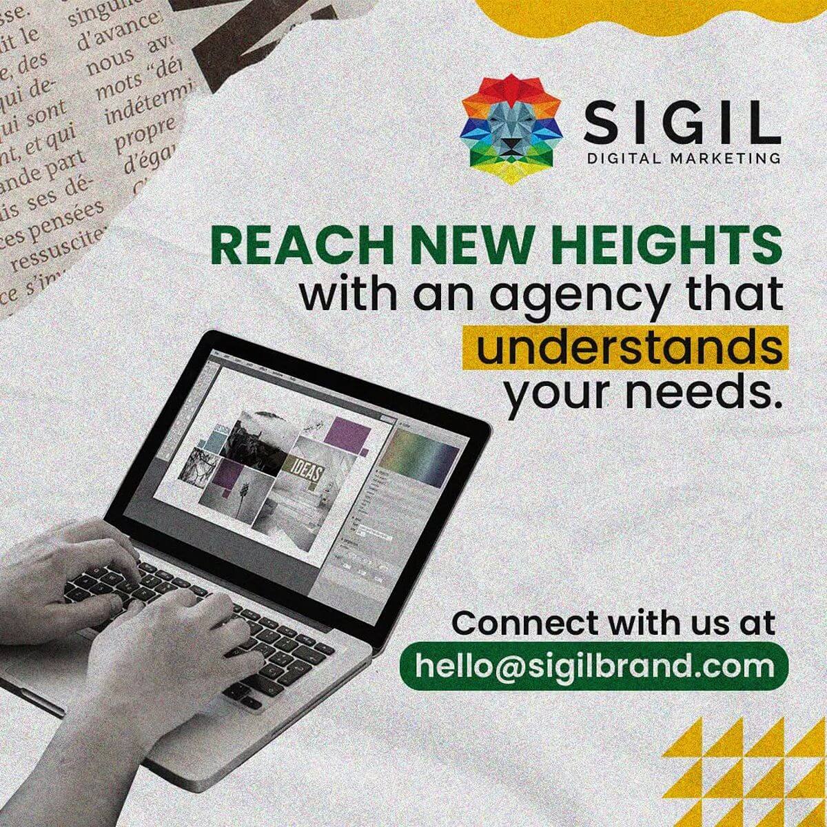 Sigil Digital Marketing graphic showing a person using a laptop with messaging about helping brands reach new heights through tailored marketing strategies