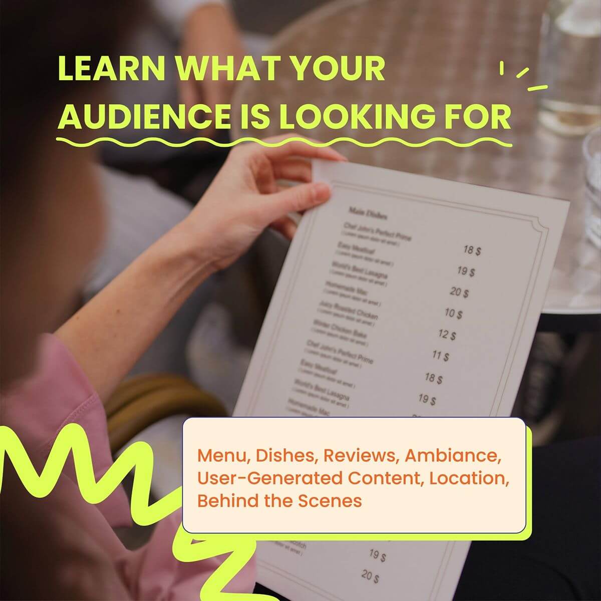 Marketing graphic showing a person holding a menu with messaging about learning what audiences look for through reviews, user-generated content, and customer preferences