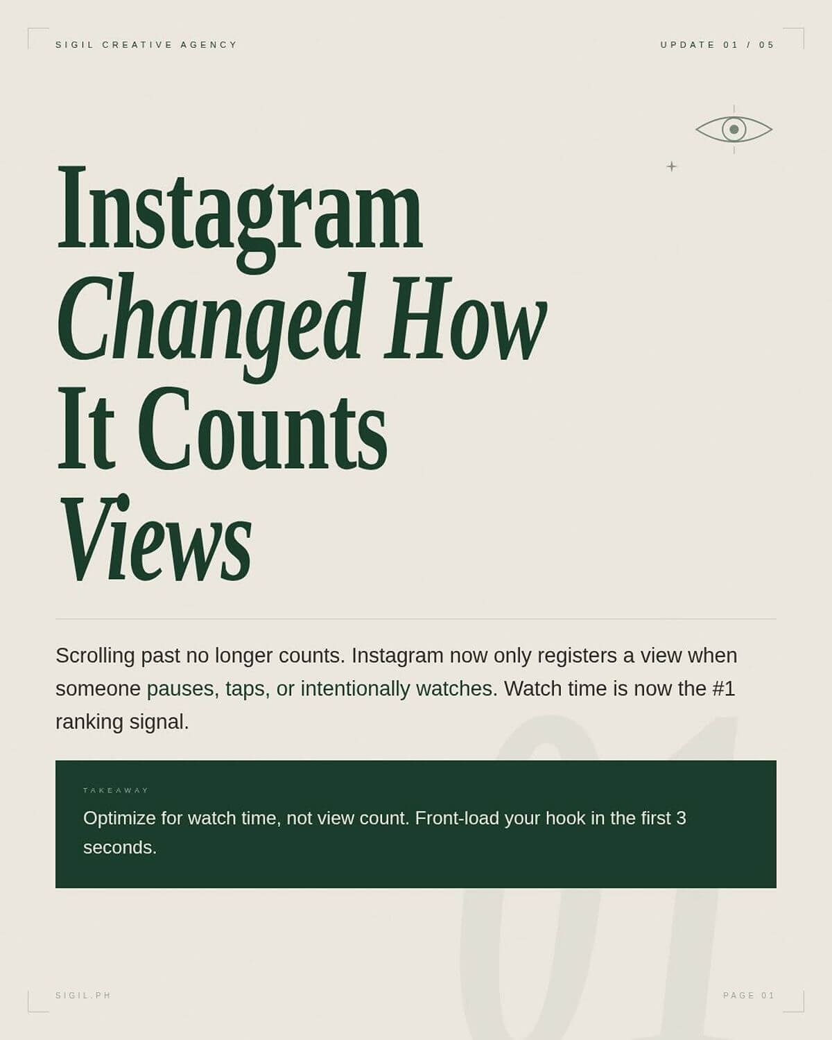 Sigil Creative graphic explaining how Instagram now counts views based on intentional engagement such as pausing, tapping, or watching content