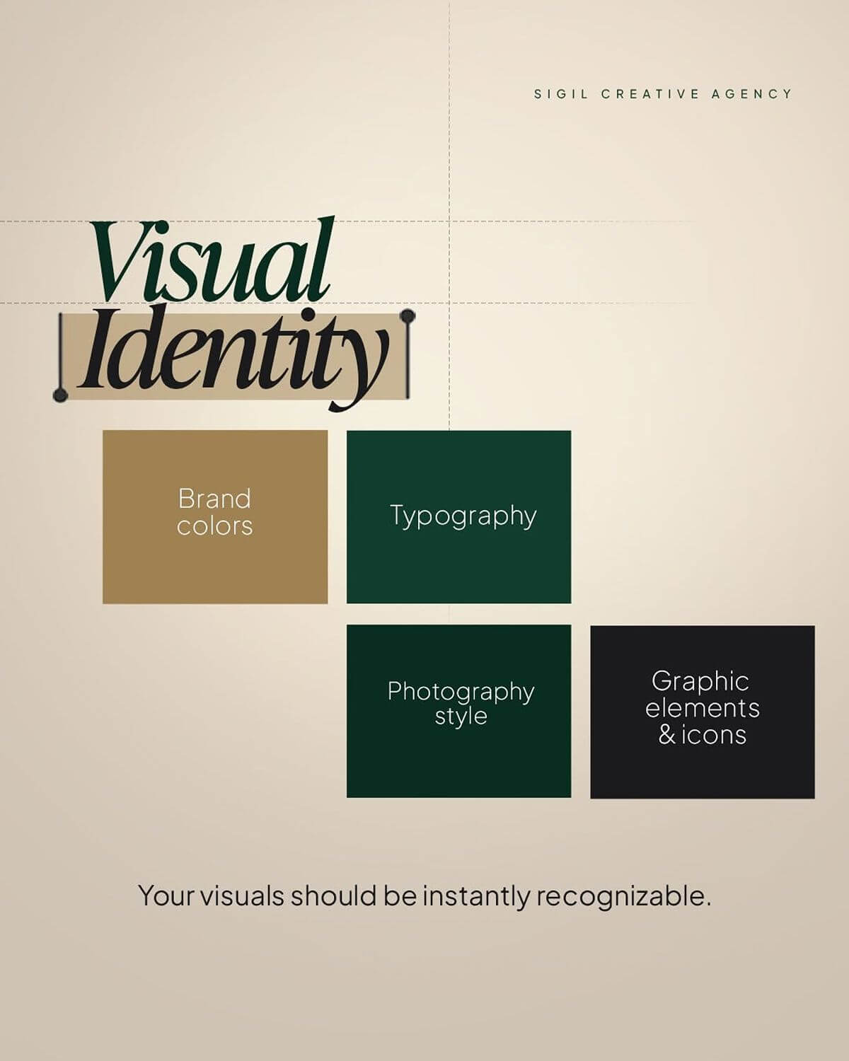 Sigil Creative graphic outlining key visual identity elements, including brand colors, typography, photography style, and graphic elements